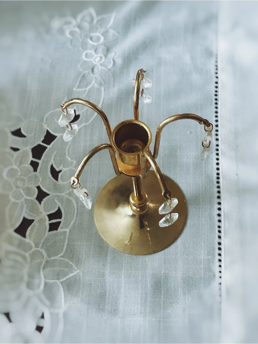 Vintage Brass Taper Candle Holder With Crystal Prisms